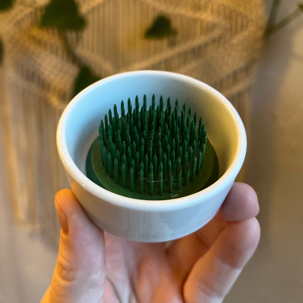 Vintage 3” Floral Frog in White Ceramic Bowl – Flower Arranger / Ikebana Tool